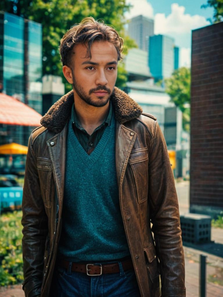 Stylish Man in Brown Leather Jacket and Teal Sweater in Urban Setting