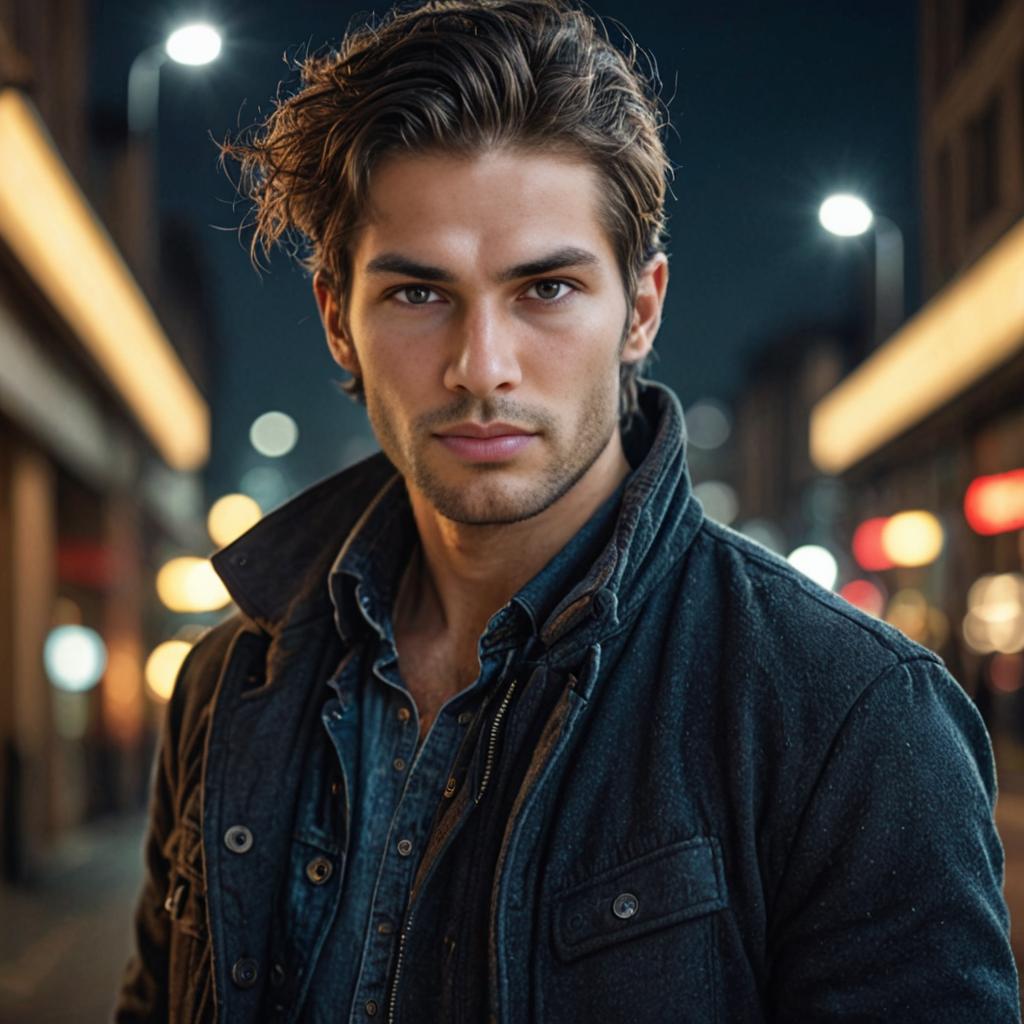 Man in Denim Jacket at Night