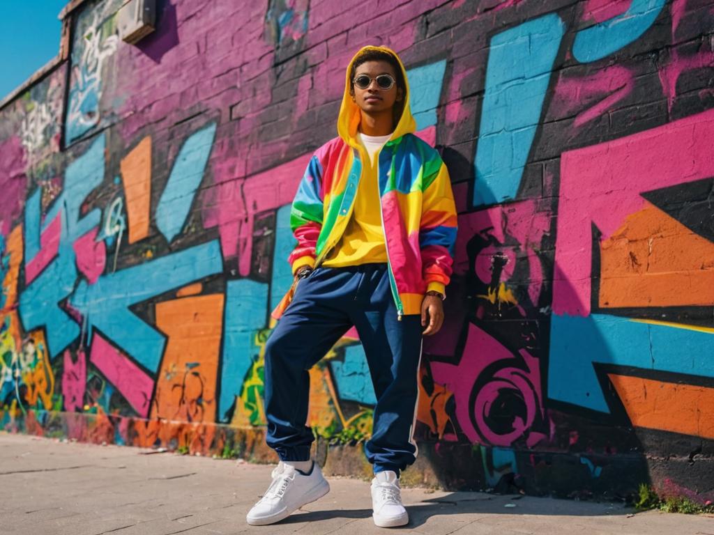 Confident man in front of vibrant graffiti wall