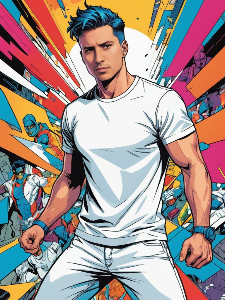 Man in White Tee with Comic Book Background