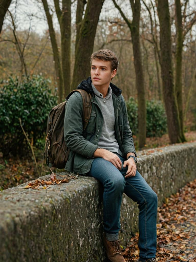 Young man in green jacket sitting on stone wall in forest