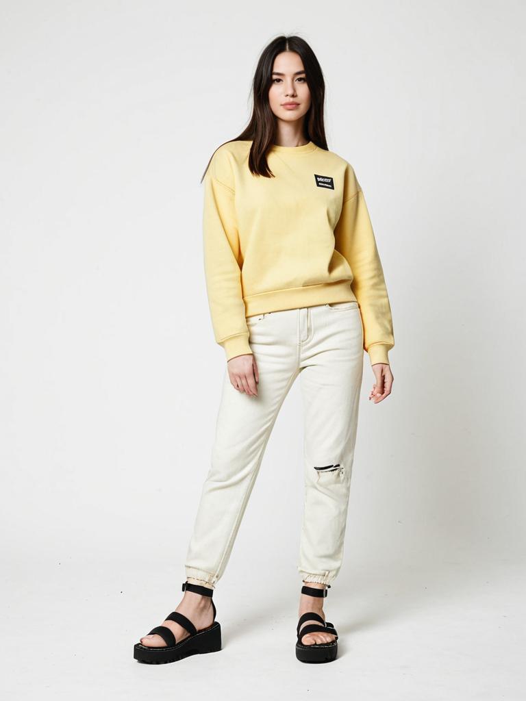Woman in Pale Yellow Crew Neck Sweatshirt and Casual Contemporary Outfit