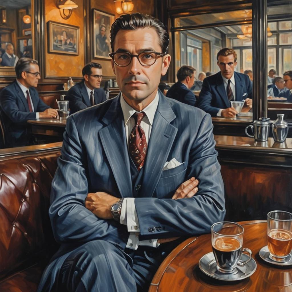 Confident Man in Pinstripe Suit at Vintage Café