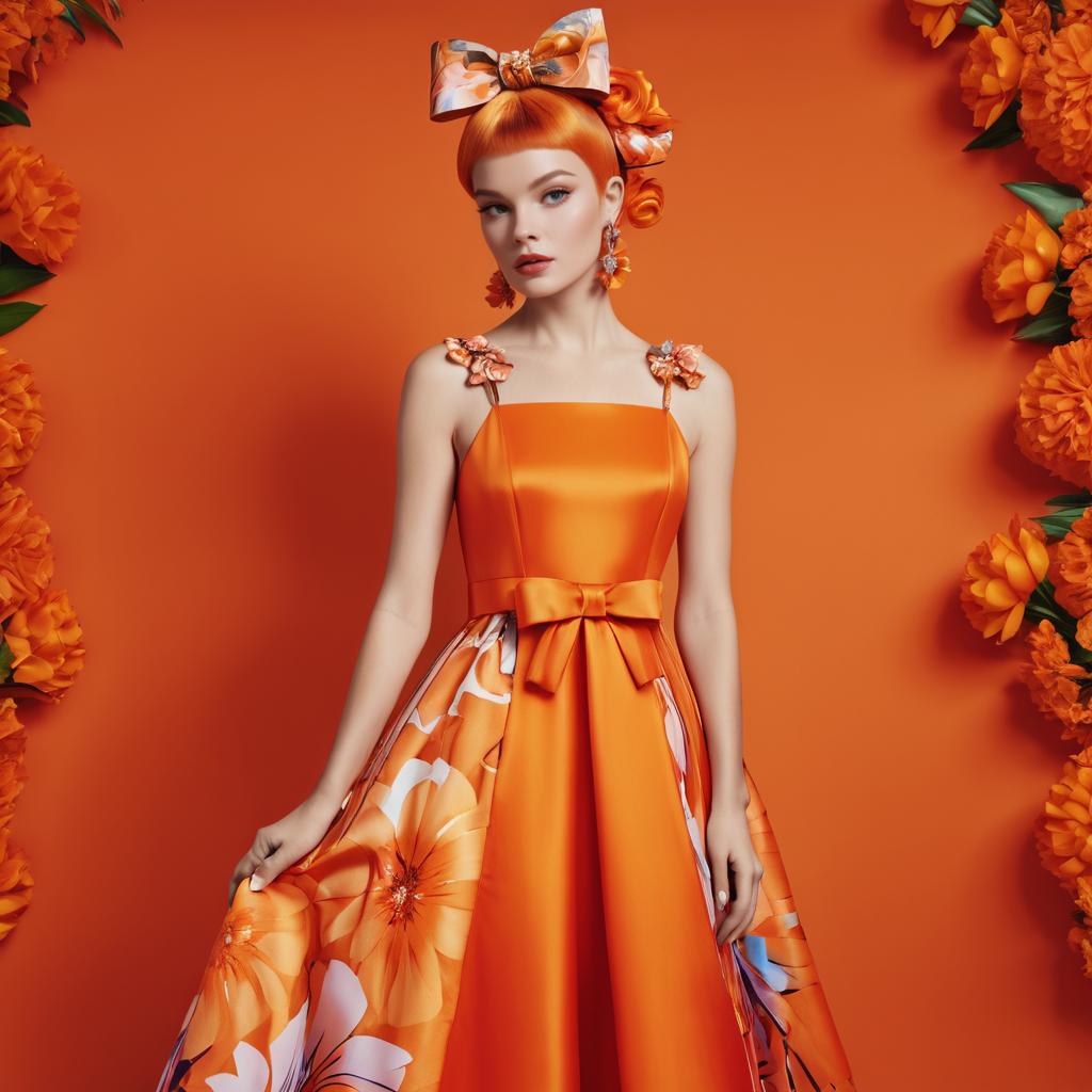 Vibrant Orange Floral Dress Model