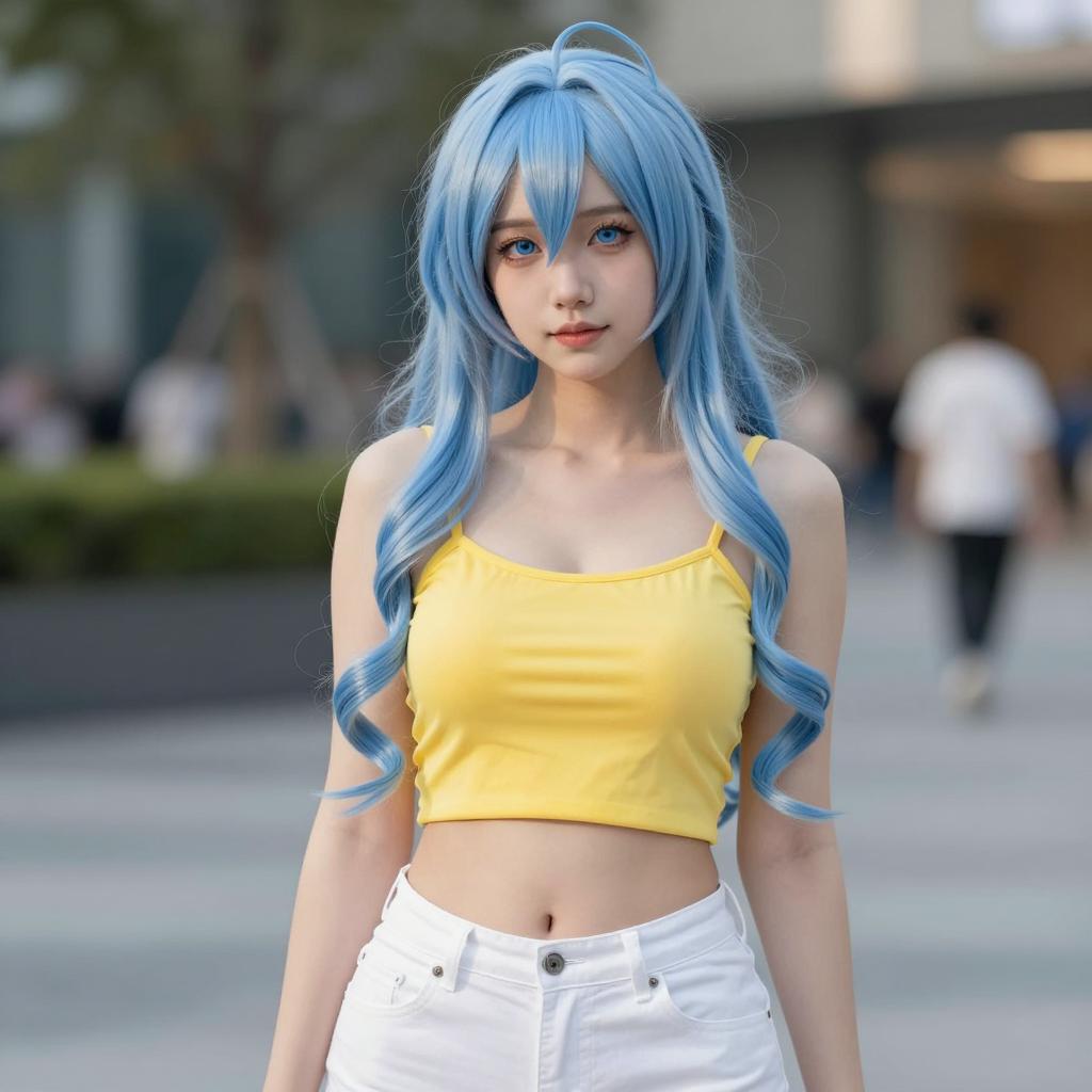 Young Woman with Blue Hair in Yellow Crop Top Cosplay Style