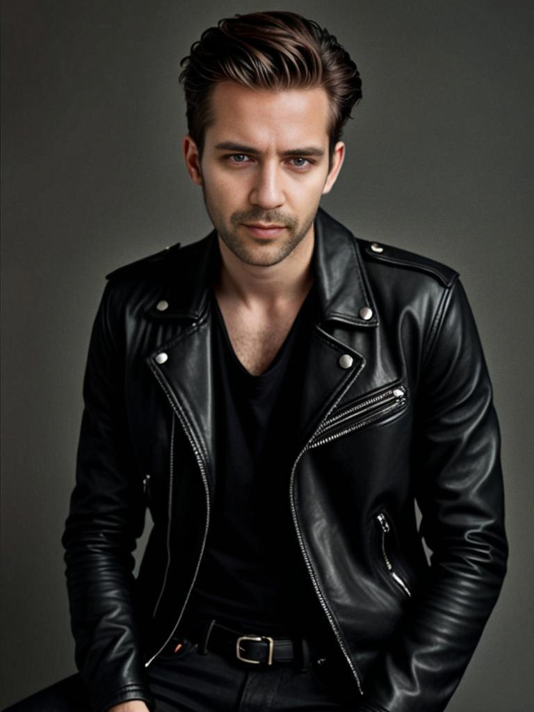 Confident Man in Black Leather Jacket