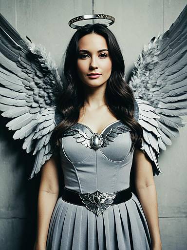 Woman in Grey Angel Wings Costume Waist Up Editorial Portrait