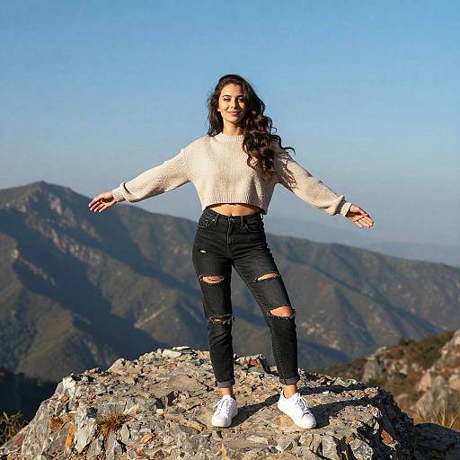 Young Woman in Casual Gen Z Style on Mountain Peak Outdoors
