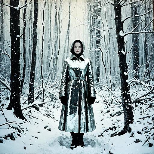 Woman in Metallic Trench Coat Standing in Snowy Forest