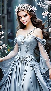 Graceful Woman in Silver-Blue Gown with Floral Embroidery