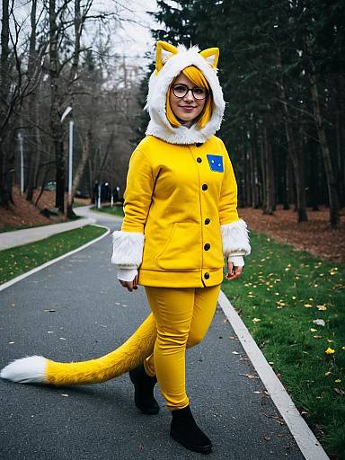 Woman in Yellow Fox Costume with Fluffy Hood and Tail Outdoors
