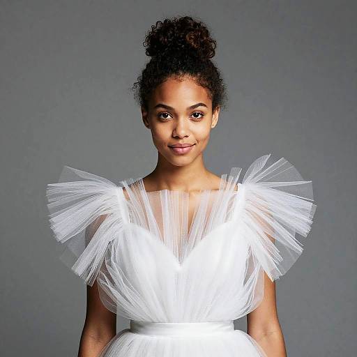 Elegant Woman Wearing White Tulle Dress with Ruffled Shoulders