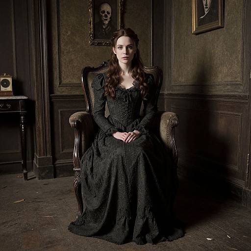Victorian Gothic Woman in Dark Dress Sitting on Antique Chair
