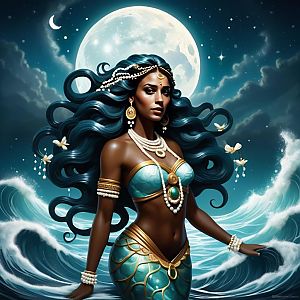 Regal Woman with Dark Hair and Pearl Jewelry Against Full Moon