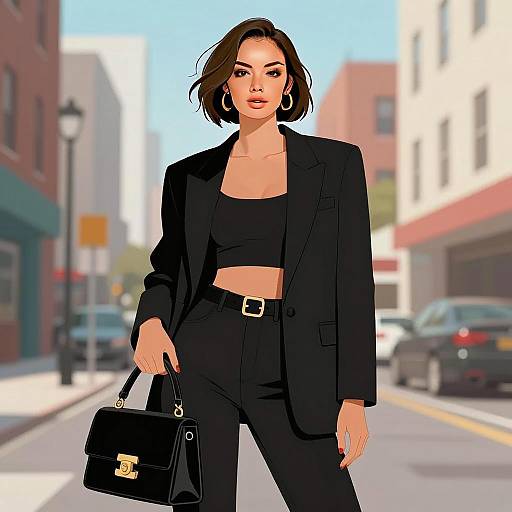 Stylish Woman in Black Urban Outfit Walking on City Street Digital Illustration
