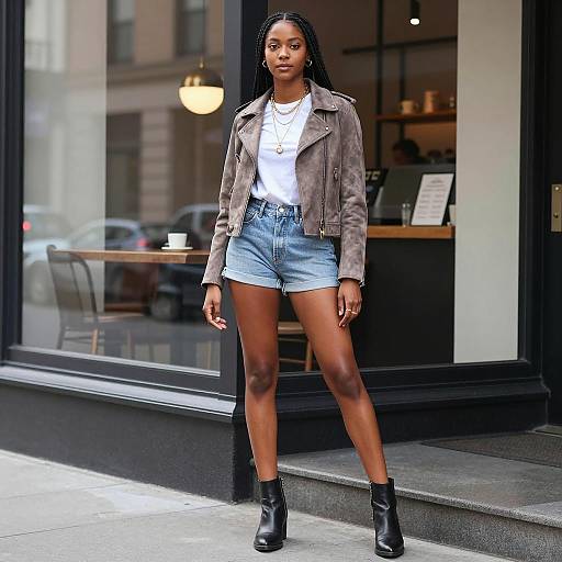 Trendy Young Woman in Gray Suede Jacket and Denim Shorts Street Style