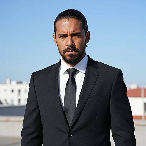 Confident Man in Black Suit Outdoors with Urban Background