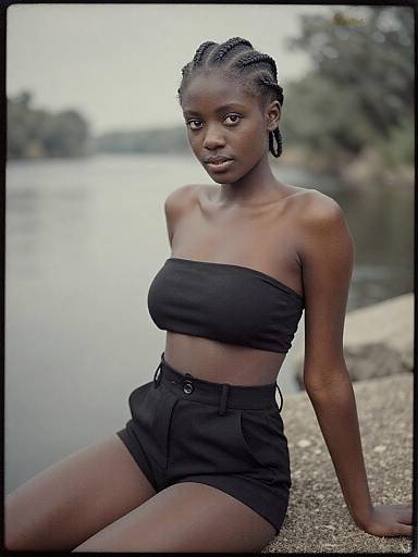 Slim Woman in Strapless Black Top and High-Waisted Shorts by River