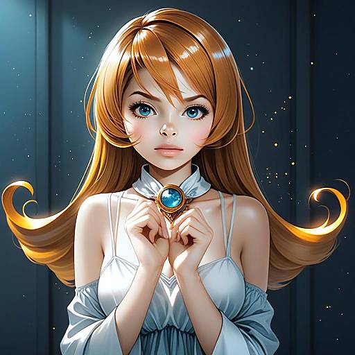 Anime Style Portrait of Woman with Mystical Gemstone Pendant