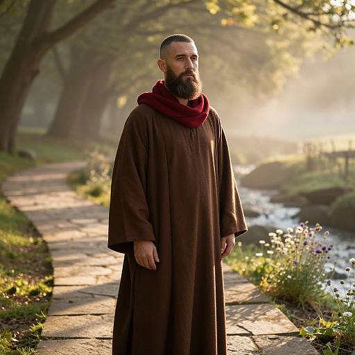 Bearded Man in Brown Robe with Red Scarf Walking by Creek