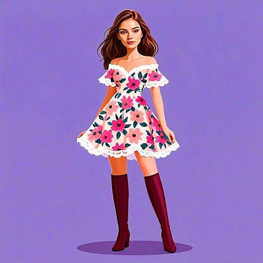 Woman in Floral Off-Shoulder Dress with Thigh-High Burgundy Suede Boots