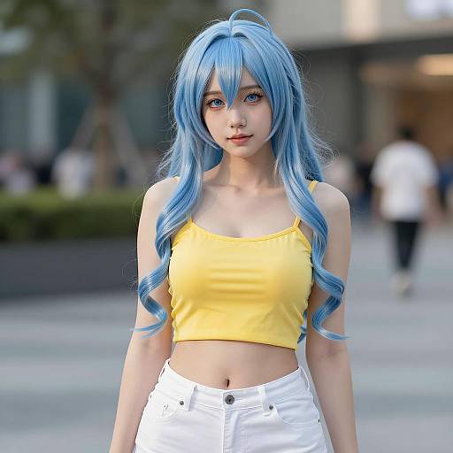 Young Woman with Blue Hair in Yellow Crop Top Cosplay Style
