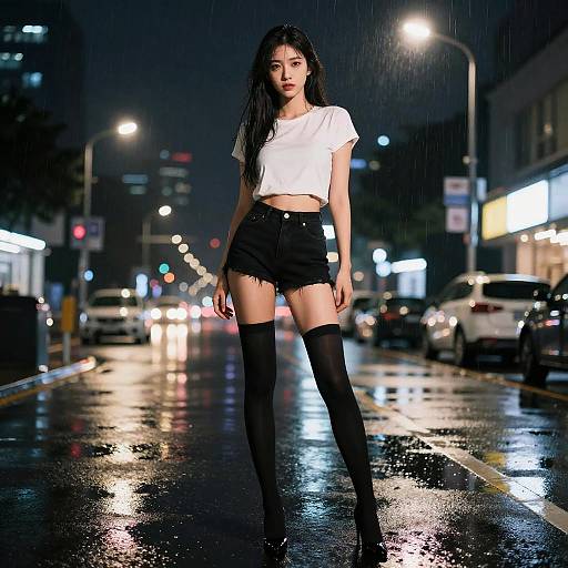 Gen Z Woman Fashion in Urban Rainy Night Street