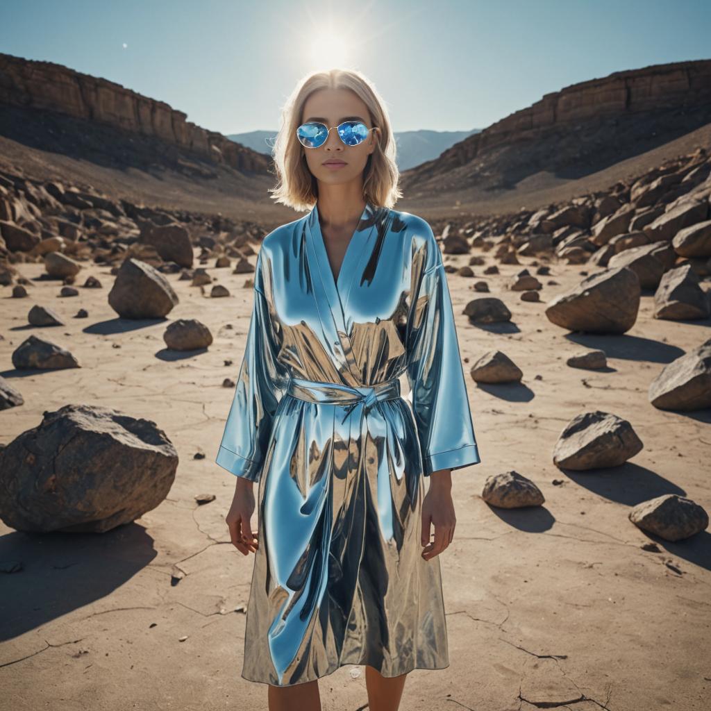 Pale Woman in Golden Robe Against Rocky Landscape