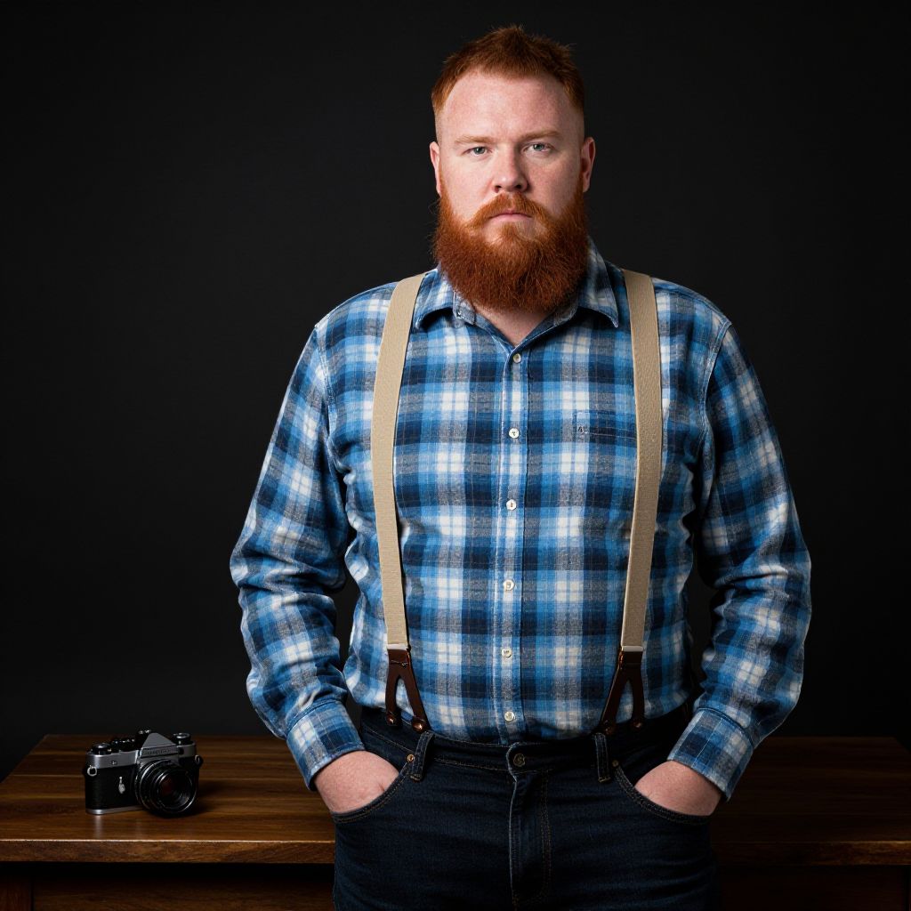 Red Bearded Man in Blue Plaid Shirt with Suspenders and Vintage Camera