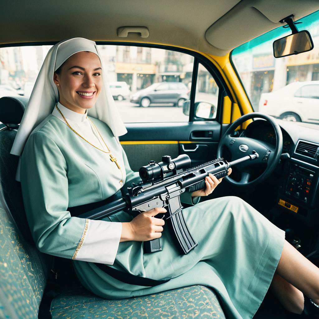 Nun with Rifle in Yellow Car Nun with Rifle in Yellow Car
