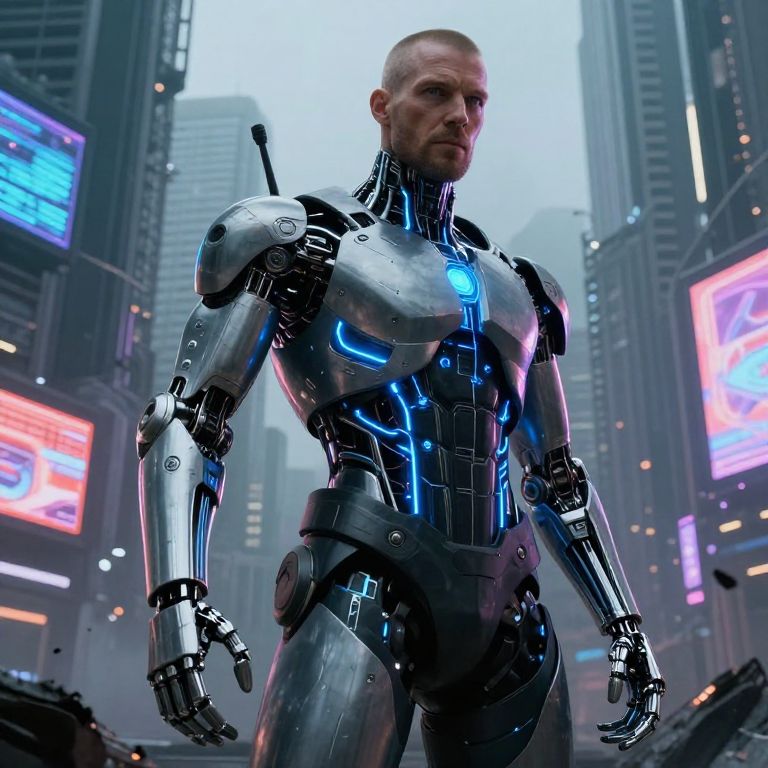 Cybernetic Humanoid Robot with Human Face in Futuristic Cityscape