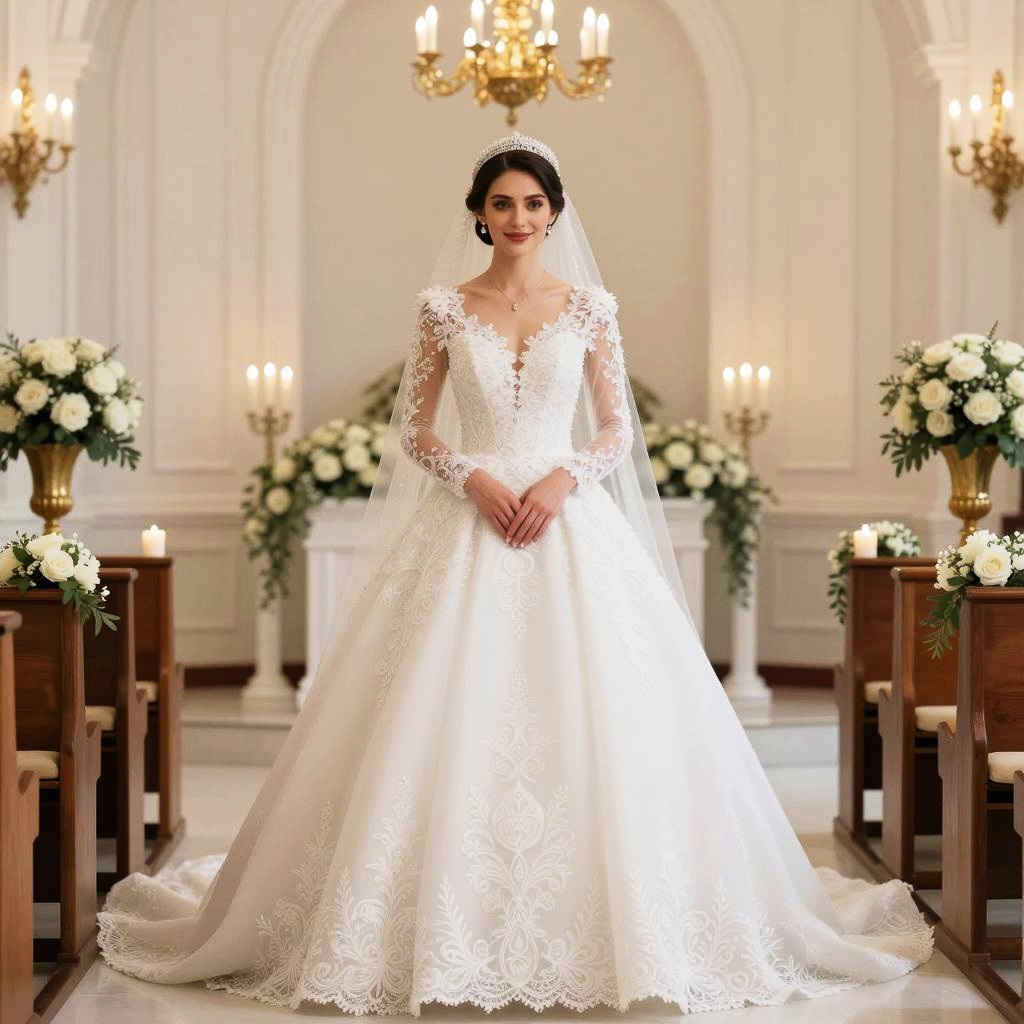 Elegant Bride in Lace Wedding Dress at Classic Chapel