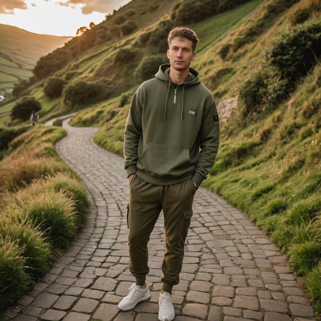 Man in Green Hoodie on Scenic Cobblestone Path at Sunset