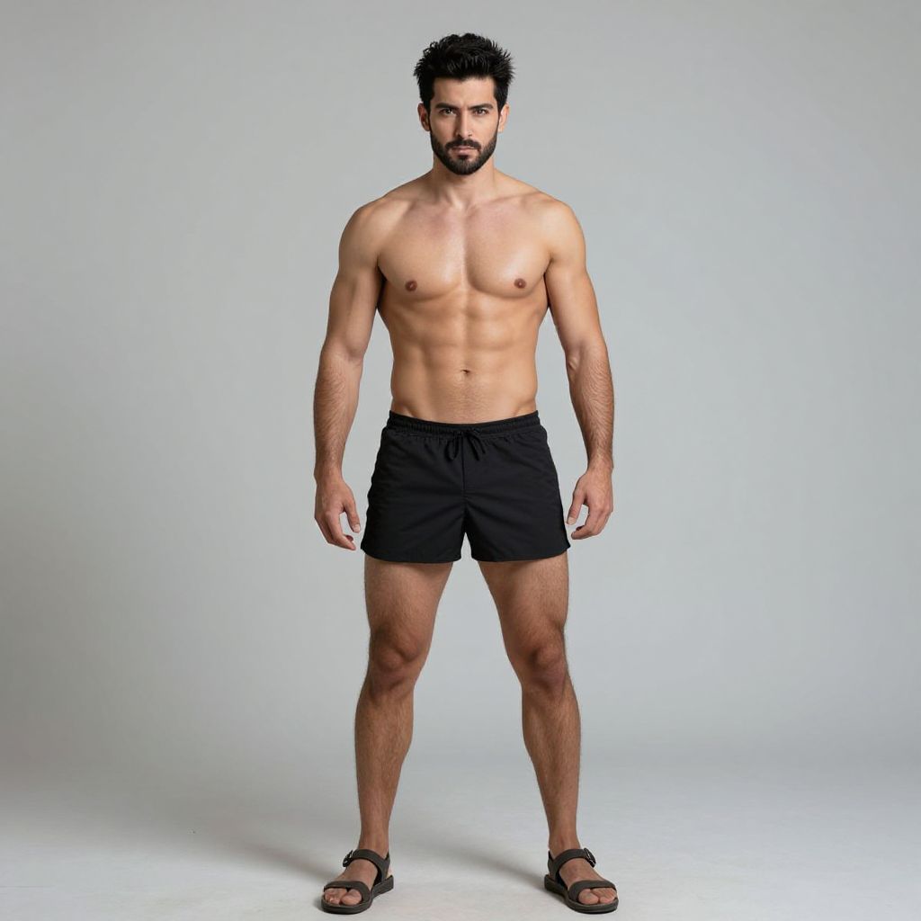Fit Muscular Man Standing Confidently in Black Shorts and Sandals