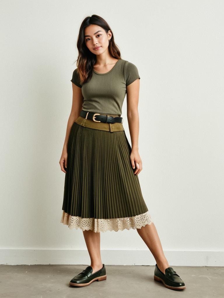Young Woman in Olive Green Ribbed Top with Pleated Midi Skirt and Loafers