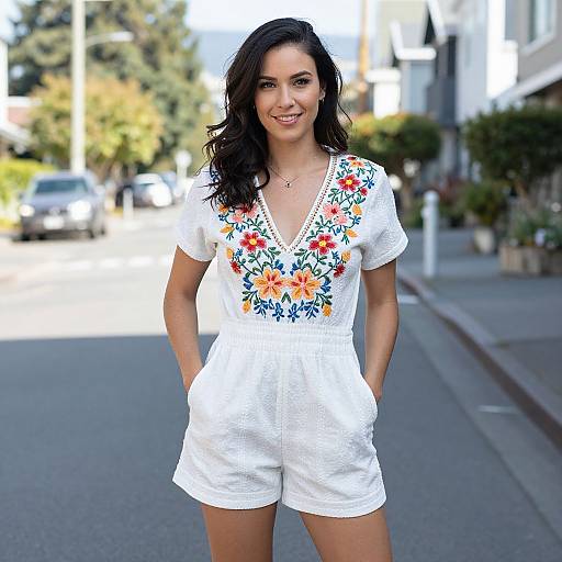 Young Woman Wearing White Floral Embroidered Romper Outdoors