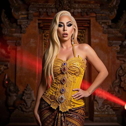 Elegant Woman in Yellow Beaded Corset and Traditional Patterned Skirt