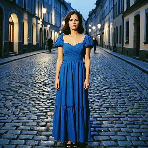 Woman in Blue Evening Dress Standing on European Cobblestone Street at Dusk