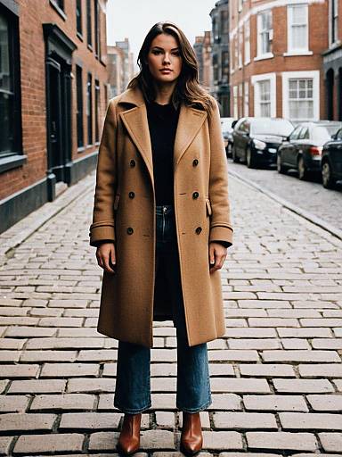 Woman in Tan Overcoat and Jeans Standing on Cobblestone Street