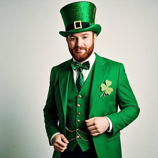 Man in Festive Green St. Patrick's Day Suit with Shamrock and Top Hat
