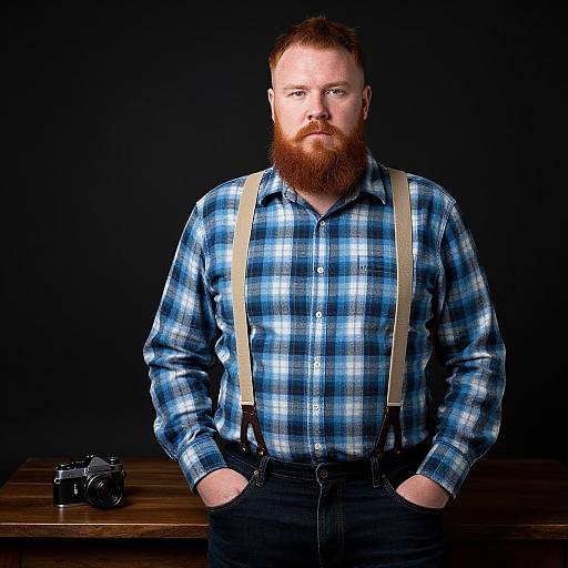 Red Bearded Man in Blue Plaid Shirt with Suspenders and Vintage Camera