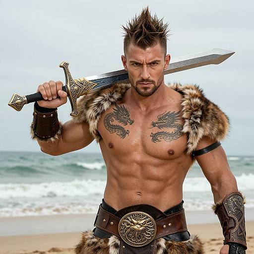 Fantasy Warrior Man with Sword and Dragon Tattoos on Beach