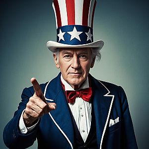 Elderly Man in Patriotic Costume Pointing