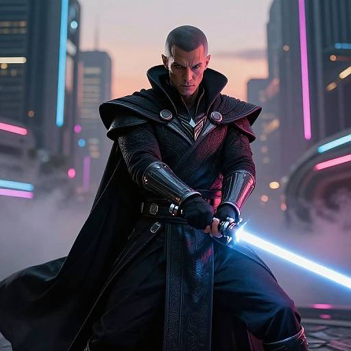 Futuristic Warrior Man with Glowing Blue Sword in Cyberpunk City