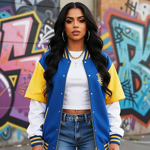 Trendy Gen Z Woman in Blue Yellow Varsity Jacket with Street Graffiti Background