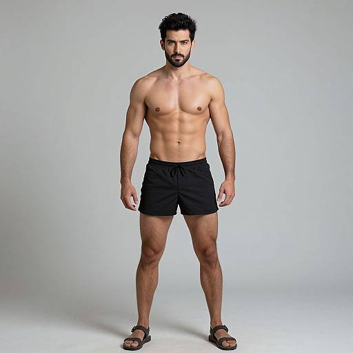Fit Muscular Man Standing Confidently in Black Shorts and Sandals