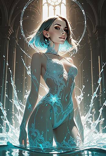 Fantasy Digital Art of Woman in Glamorous Water-Lace Outfit with Cathedral Background