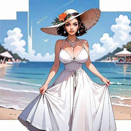 Elegant Woman in White Dress on Beach Digital Art Illustration