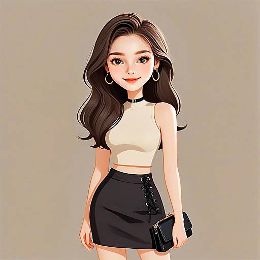 Stylish Woman with Pretty Hair in Chic Sleeveless Top and Black Lace-up Skirt Illustration
