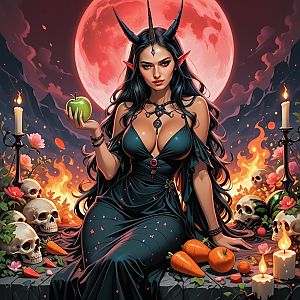 Mystical Woman with Horns and Skulls